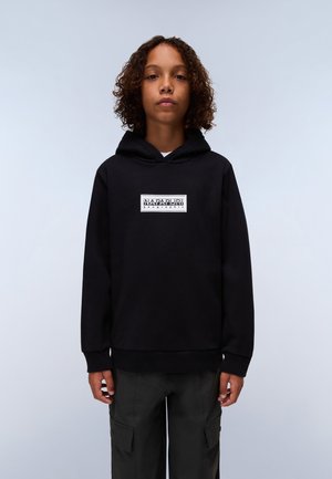 Sudadera con capucha negra y un parche de logo blanco en el pecho; hecha de un tejido suave, con un corte holgado y puños de canalé.