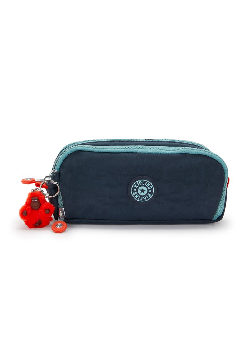 Astuccio blu navy con zip azzurra, dotato di un logo rotondo e un portachiavi a forma di scimmia rossa. Tessuto liscio con una forma rettangolare compatta.