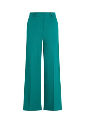 Türkise weit geschnittene Hose aus glattem Stoff, mit hoher Taille, Gürtelschlaufen und frontalen Taschen. Sauberes Design ohne sichtbare Muster.
