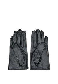 Crne kožnate rukavice s pet prstiju, glatke teksture i suptilnim šavovima. Fleksibilne i prilagodljive obliku ruke. Minimalistički stil.