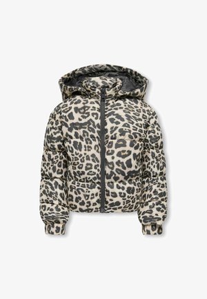 Padded leopard print jacket with a hood, featuring a front zipper closure and elasticated cuffs. Colors: beige, black, and dark brown.