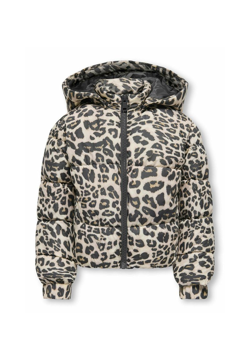 Padded leopard print jacket with a hood, featuring a front zipper closure and elasticated cuffs. Colors: beige, black, and dark brown.