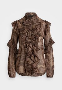 Brun paisley-mønstret bluse med volang foran, høy krage og lange ermer med volanger ved skuldrene og mansjettene.