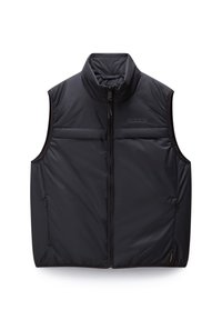 Schwarze gepolsterte Weste mit hohem Kragen, Frontreißverschluss und zwei Seitentaschen. Hergestellt aus glattem, leichtem Material ohne Ärmel.