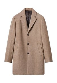 Beżowy wełniany płaszcz z fakturą jodełki, z klapami z wycięciami i trzema czarnymi guzikami. Posiada dwie boczne kieszenie i gładką podszewkę.