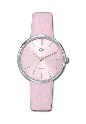 Montre ronde avec un cadran métallique rose, des index en argent et un bracelet en cuir rose clair. Elle présente des aiguilles simples et un boîtier en métal poli.