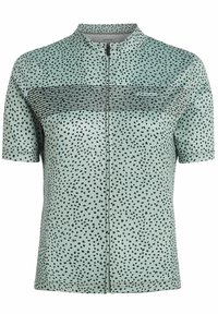 Maillot de cyclisme à manches courtes vert menthe avec un motif tacheté noir et des accents rayés sur la poitrine, doté d'une fermeture éclair à l'avant.