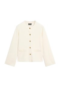 Witte cropped cardigan met lange mouwen, gouden knoopsluiting en twee zakken aan de voorkant. Gemaakt van een zachte, gestructureerde stof.