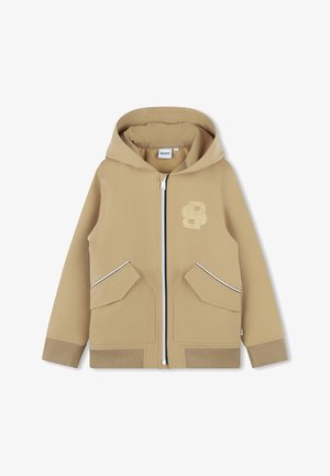 Felpa con zip beige dotata di un ampio cappuccio, due tasche anteriori, polsini a coste e logo ricamato sul lato sinistro. Tessuto morbido ed elastico.