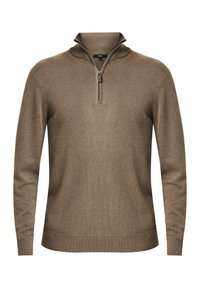 Pullover marrone con zip al collo in un tessuto a maglia fine; presenta un colletto alto, maniche lunghe e polsini e orlo a coste. Design semplice e pulito.