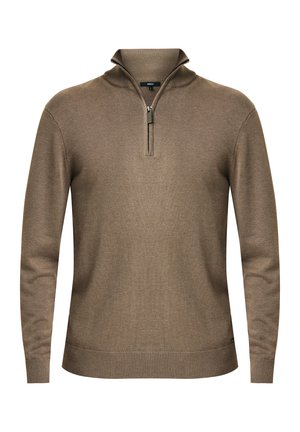 Pulóver marrón con cremallera al cuello en un tejido de punto fino; cuenta con un cuello alto, mangas largas y puños y dobladillo acanalados. Diseño simple y limpio.