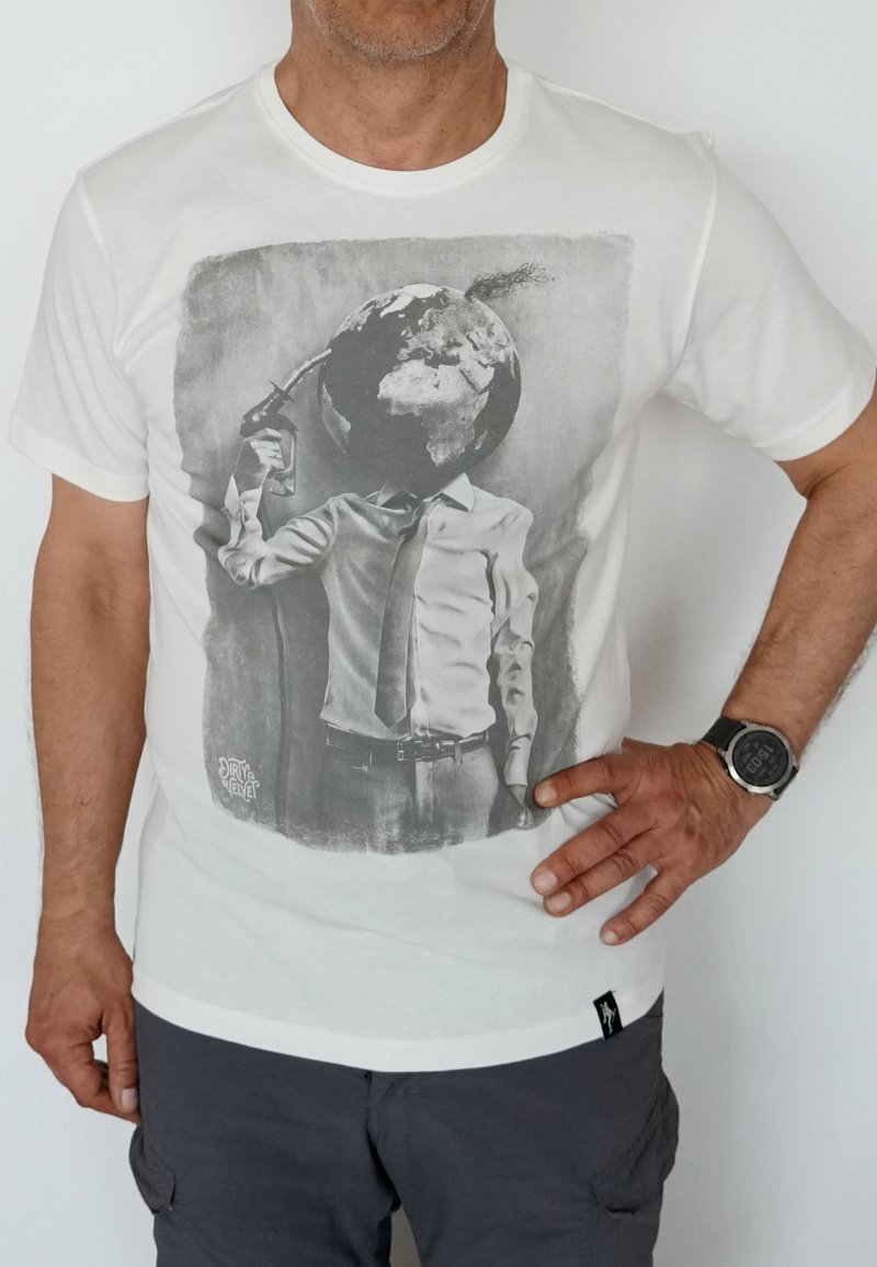 White cotton t-shirt featuring a graphic print of a suit with a globe for a head, holding a fuel can. The design uses grayscale tones.