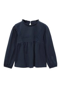 Tummansininen pitkähihaisulkoilupaita pyöreällä kaula-aukolla, tekstuuripintaisella vartalolla, koottu vyötärö ja nappikiinnitys selässä. Pehmeä kangas, rento malli.