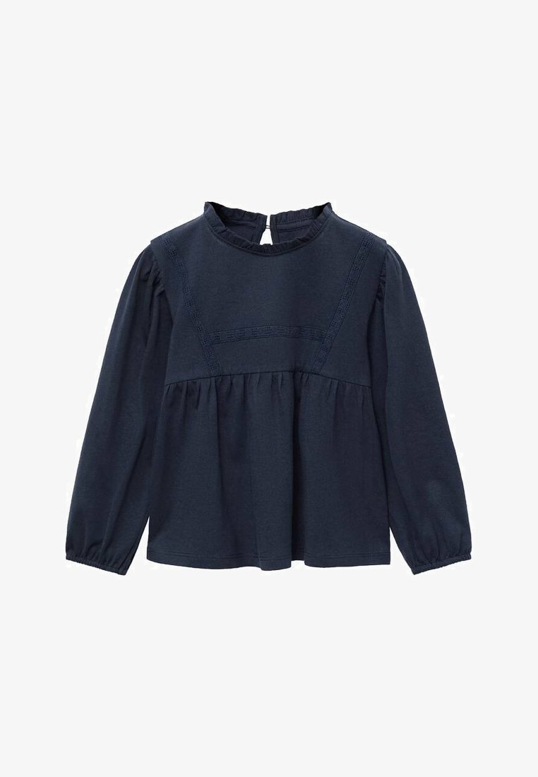 Námorně modrý dlouhý rukáv top s kulatým výstřihem, texturovaným tělem, nařaseným pasem a zapínáním na knoflík vzadu. Měkká látka, volný střih.