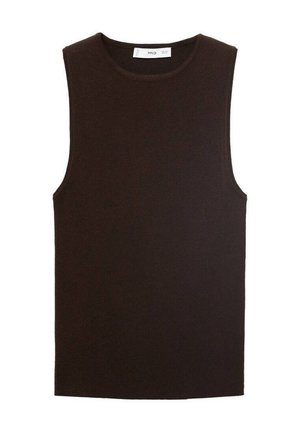 Top tricotat, fără mâneci, de culoare marron, cu decolteu rotund. Prezintă o textură canelată și o croială lejeră. Design simplu, f�ără modele sau accente.