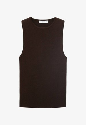 Smeđa, bez rukava pletena majica s okruglim izrezom. Ima rebrastu teksturu i udoban kroj. Jednostavan dizajn bez uzoraka ili naglasaka.