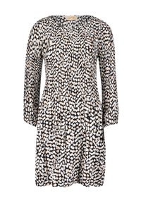 Schwarz-weißes Kleid mit Blush-Muster, langen Ärmeln, gerafftem Bund und rundem Ausschnitt, aus leichtem Stoff gefertigt.