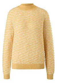 Pull en maille jaune avec motif ondulé blanc, poignets, ourlet et col montant côtelés.
