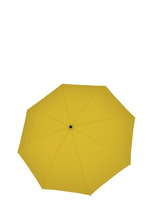 Yellow open umbrella shown from top, with eight visible panels and black central tip.