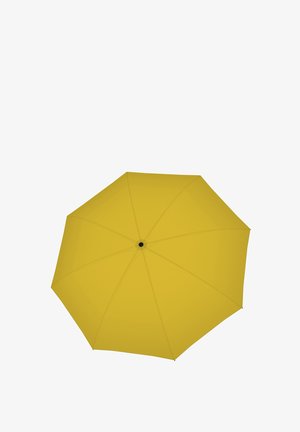 Yellow open umbrella shown from top, with eight visible panels and black central tip.