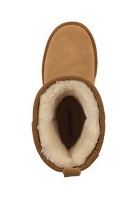 Stivaletto alla caviglia in suede marrone con morbida fodera in pelliccia cremosa e punta arrotondata. Presenta una cucitura decorativa e una piccola linguetta posteriore per facilitare la calzata.