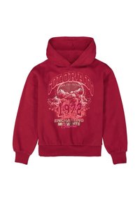 Sudadera roja con capucha y mangas largas, que presenta un estampado gráfico que incluye "COLORADO 1972" y diseños de montañas en la parte delantera.