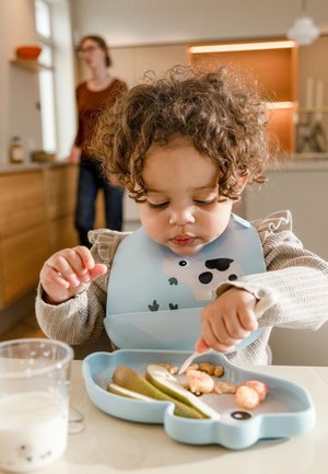 Enfant portant un bavoir bleu clair avec un motif de vache, utilisant une fourchette pour manger à partir d'une assiette bleue en forme d'ours, contenant des fruits et des encas, sur une table claire.