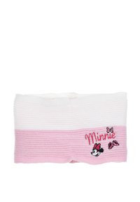 Fascia per capelli lavorata a maglia con parte superiore bianca e fascia rosa, con la scritta "Minnie" ricamata in rosso, insieme a un design di Minnie Mouse e dettagli decorativi.