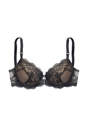 Schwarzer gepolsterter Spitzen-BH mit verstellbaren Trägern und floralem Mesh-Design, mit einem kleinen dekorativen Anhänger vorne in der Mitte.