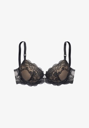 Black lace padded bra with adjustable straps and floral mesh design, featuring a small decorative pendant at the center front.