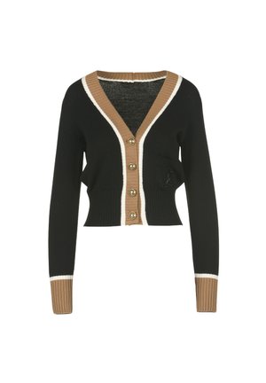 Gilet noir avec un décolleté en V, bordure contrastante beige, cinq boutons, une poche avant et des poignets côtelés en beige et blanc. Matériau texturé.