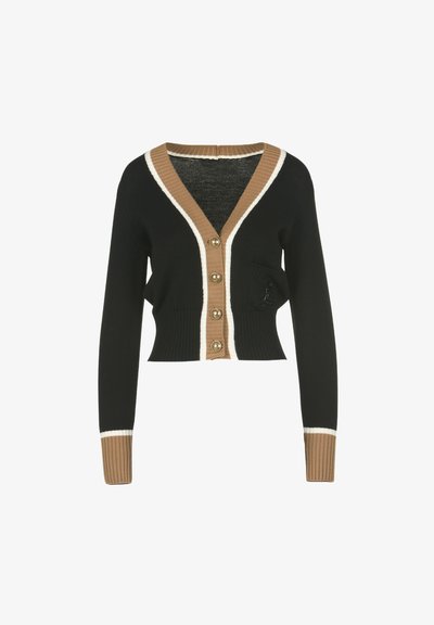 Čierny kardigán s výstrihom do V, béžovými kontrastnými detailmi, piatimi gombíkmi, prednou kapsou a ribbed manžetami v béžovej a bielej farbe. Textúrovaný materiál.