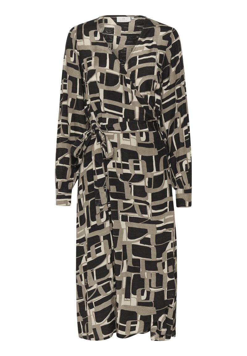 Langes Kleid mit Wickeldesign, gefertigt aus leichtem Stoff mit einem auffälligen schwarz-beige geometrischen Muster. Enthält lange Ärmel und einen Taillengürtel.