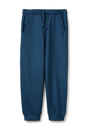 Pantaloni della tuta blu con vita elasticizzata, coulisse, tasche laterali e polsini a coste su sfondo bianco.