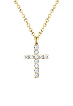 Cadena de oro con un colgante en forma de cruz compuesto por piedras preciosas blancas redondas dispuestas de forma simétrica.