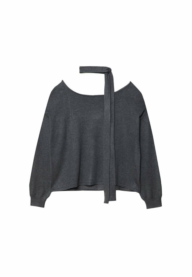 Szary top z długim rękawem z dekoltem na jedno ramię i wiązaniem przy szyi. Wykonany z miękkiego materiału, o luźnym kroju.