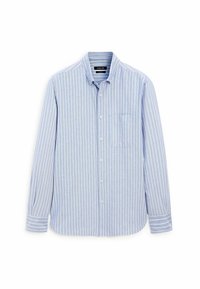 Jasnoniebieska, długozakładkowa koszula z guzikami w wąskie białe paski, z jedną kieszenią na piersi i standardowym kołnierzykiem. Gładka bawełniana tkanina.