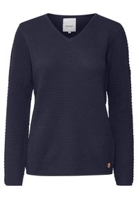Dunkelblaues Langarmpullover mit V-Ausschnitt, strukturiertem Strickstoff und dekorativen Nähten entlang der Ärmel. Kleines rundes Logo am Saum.