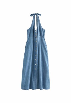 Ärmelloses blaues Jeanskleid im Neckholder-Stil mit vorderer Knopfleiste und Schleife am Hals, ausgestattet mit einem figurbetonten Oberteil und einem ausgestellten Rock.