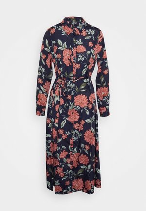 Langærmet navy skjortekjole med koral blomstermønster, knapper foran, krave og bælte i taljen.
