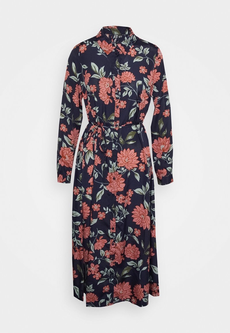 Robe chemise manches longues bleu marine avec imprimé floral corail, boutonnée sur le devant, col et ceinture à nouer à la taille.