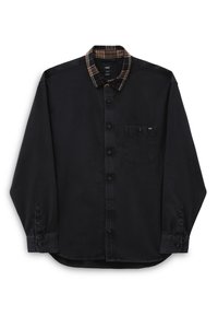 Camicia nera a maniche lunghe con bottoni, colletto a quadri marrone e una tasca sul petto con una piccola patch del logo Vans.