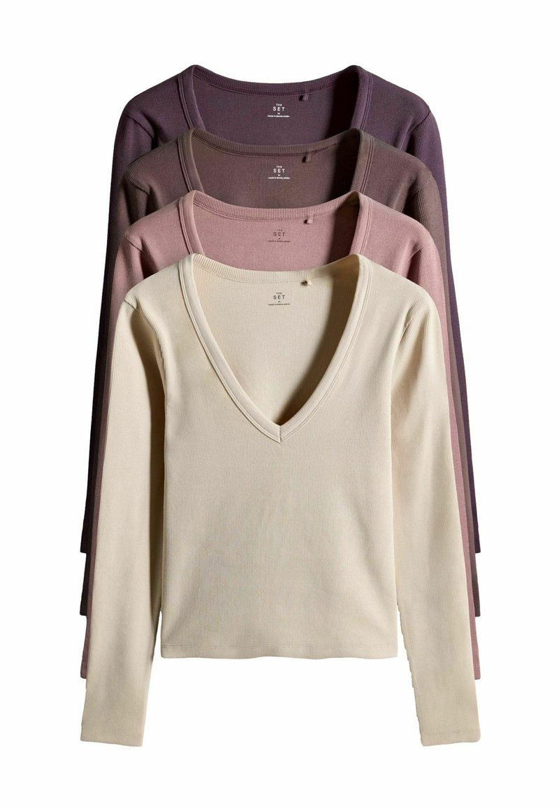 Dlhé rukávy s výstrihom do V v béžovej, mauve, prašnej ružovej a tmavofialovej farbe. Žebrovaná textúra, mäkký materiál, s visačkou na golieri.