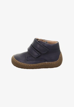 Marineblaue Leder-Aaronstiefel mit zwei Klettverschlussriemen, beigem Innenfutter und einer strukturierten braunen Gummisohle. Rundspitzendesign.