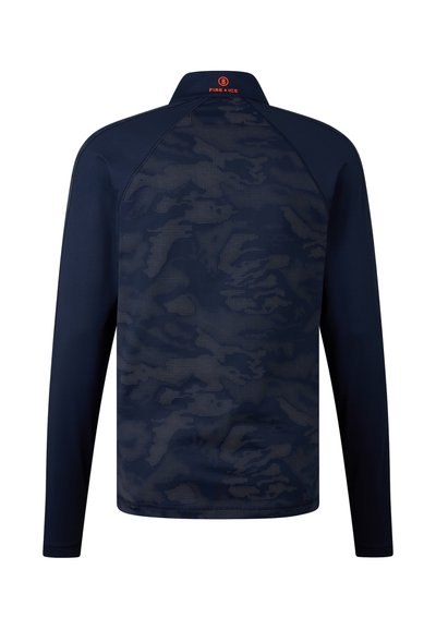 Granatowa koszula z długim rękawem, z teksturowanym, tonalnym wzorem kamuflażu i stójką. Posiada kontrastowe logo w pobliżu kołnierza.