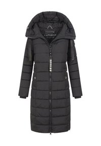 Manteau matelassé noir avec capuche, fermeture éclair et poches latérales. Présente un design matelassé et des accents de logo sur le tirette de la fermeture éclair et l'étiquette.
