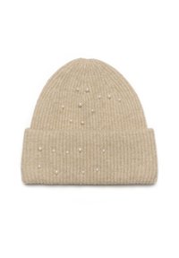 Ribbet beige strikket hue med ombuk, prydet med spredte hvide faux perler for ekstra detaljer. Lavet af blødt materiale.