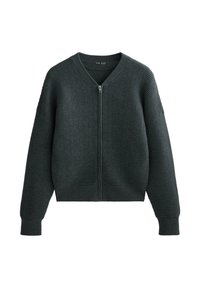Ciemnozielony sweter zapinany na zamek z teksturą prążkowaną, szerokimi rękawami i skróconym krojem. Posiada dekolt w kształcie litery V oraz ściągacze u dolnej krawędzi i mankietach.
