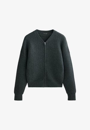 Sweat à zip noir avec texture côtelée, manches larges et coupe courte. Comprend un col en V et un ourlet et des poignets côtelés.
