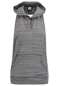Sweat à capuche gris sans manches avec poche avant et cordons, étiqueté Ivy Park, taille small.